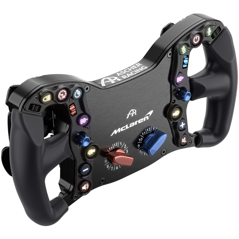 Sacīkšu stūre Ascher Racing McLaren Artura Pro‑SC — tauriņveida ātrās atvienošanas mehānisms