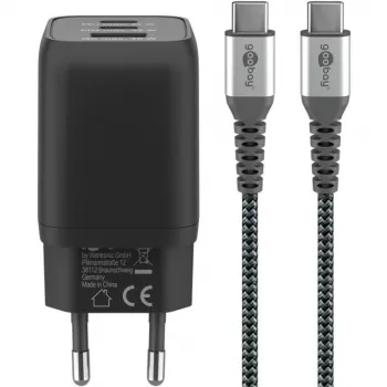 USB-C ātrlādētājs Nano, PD, GaN, 65 W, pīts USB-C kabelis (melns, 1x USB-A, 2x USB-C PD, Quick Charge 3.0, 1 m)