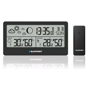 Laika stacija BLAUPUNKT WS20BK — iekštelpu/ārštelpu temperatūras un mitruma displejs, melna, 1 sensors, LCD, bateriju darbināma