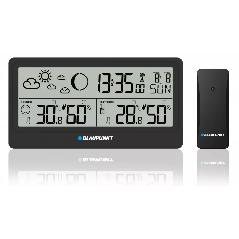 Laika stacija BLAUPUNKT WS20BK — iekštelpu/ārštelpu temperatūras un mitruma displejs, melna, 1 sensors, LCD, bateriju darbināma