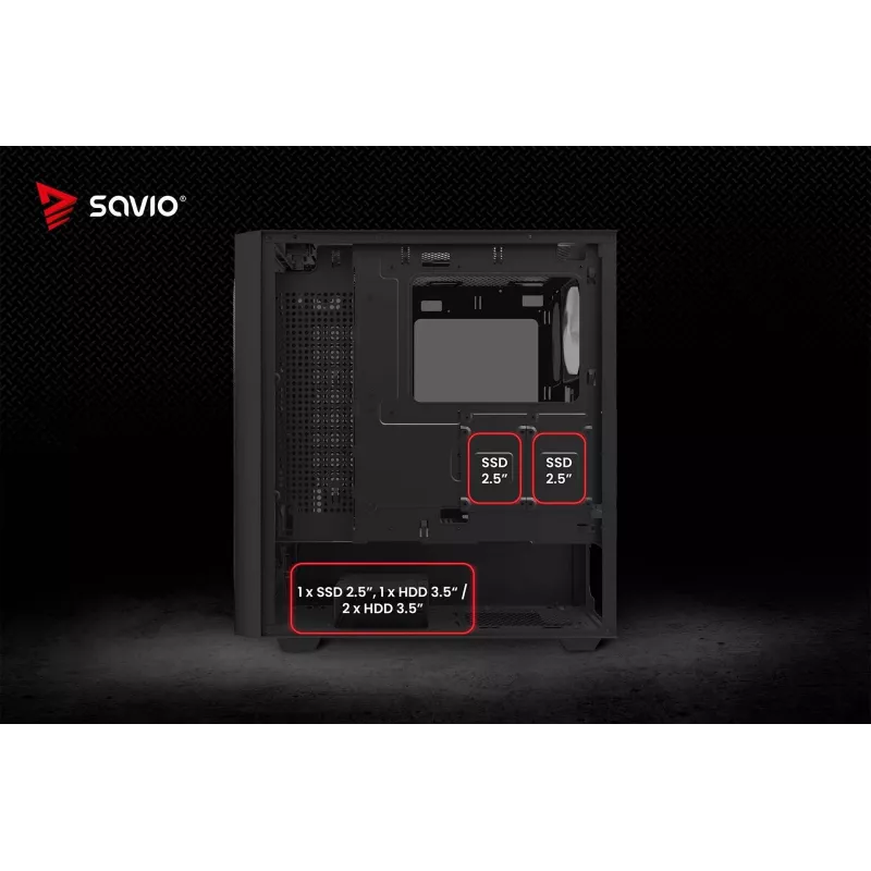 PC korpuss SAVIO Noctis Flow — Cube Mini-ITX/Micro-ATX/ATX, 3x120mm priekšā, 1x120mm aizmugurē, 2x3.5 collu + 3x2.5 collu sloti, rūdīts stikls