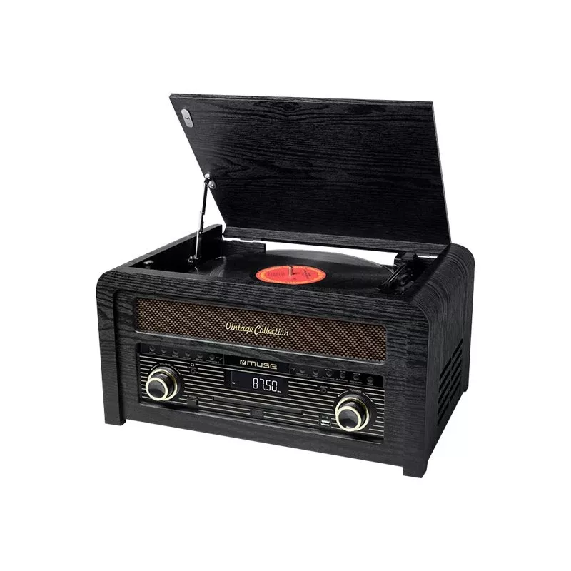 Atskaņotājs muse MT-115 W — melns/zelta, 33-45-78 apgr./min, J-veida tonearm, rotējošs skaļums, 240V maiņstrāva