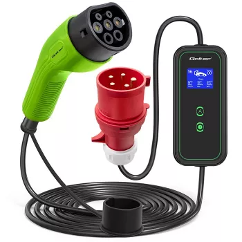 Qoltec Mobile EV Car Charger Adjustable 2in1 Type2 | 11kW | CEE 5 PIN | LCD | 3 fāzes | Portatīvs | Wallbox | 5m