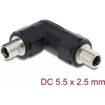 DELOCK 5.5 x 2.5 mm sievišķais-sievišķais līdzstrāvas cilindriskais adapteris ar vītņotu uzmavu, 90° leņķī, melns