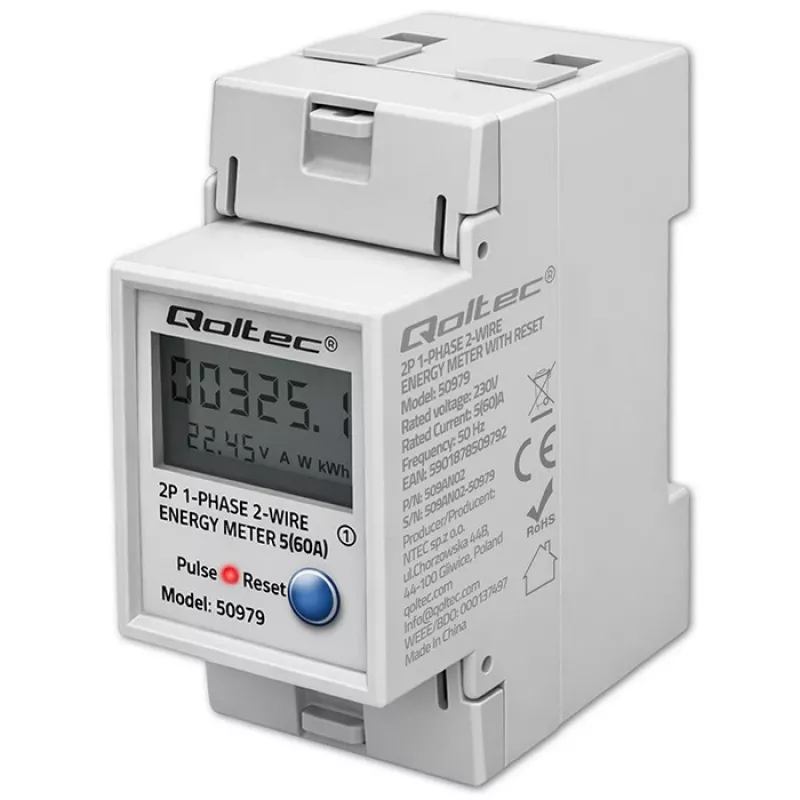 Enerģijas skaitītājs QOLTEC Vienfāzes DIN-sliežu 230V (50979)