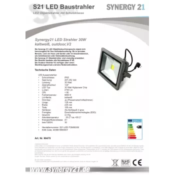 Synergy21 S21-LED-TOM00260 LED gaismeklis 30W auksti balta gaisma IP65