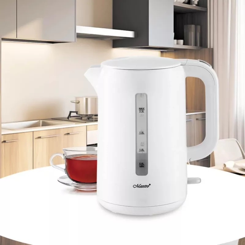 Elektriskā tējkanna Maestro MR-022-WHITE, 2.2 L, 1850–2200 W, plastmasas korpuss, 360° pamatne, pretkaļķa filtrs, ūdens līmeņa indikators