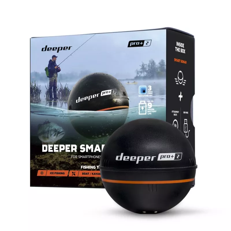 Deeper Smart Sonar PRO+ 2 metamais zivju meklētājs, 100/240/675 kHz, 100 m dziļums, Wi-Fi, GPS, līdz 9 h, melns