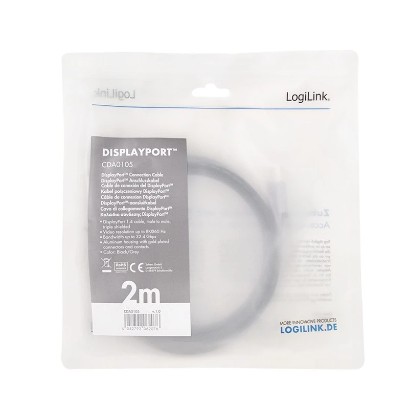 DisplayPort kabelis LogiLink CDA0105 2 m Pelēks Melns
