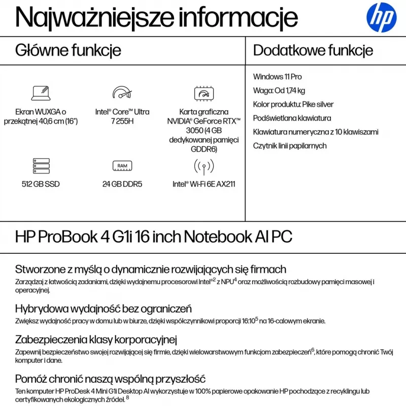 HP ProBook 4 G1i Ultra 7 255H 16.0 inch WUXGA IPS 300nits AG 24GB DDR5 5600 SSD512 Arc Cam1080p 56Wh W11Pro Pike sudraba alumīnijs 3Y OnSite