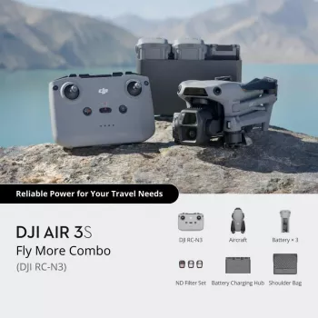 Quadcopter DJI Air 3S — 4 rotoru drons, 50 MP kamera, 3840×2160 video, 27 m/s, 32 000 m darbības rādiuss, 4276 mAh akumulators, 42 GB iekšējā atmiņa, Pelēks