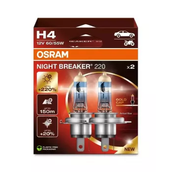 Halogēna priekšējā luktura spuldze Osram NIGHT BREAKER 220 H4 — dubultpaka, 12V 60/55W