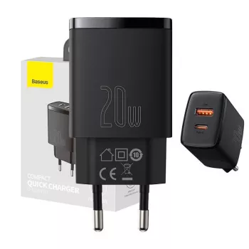 Baseus CCXJ-B01 — ātrs lādētājs 2-portu (USB-C PD 20W + USB-A QC3.0 18W), 100–240V, Melns