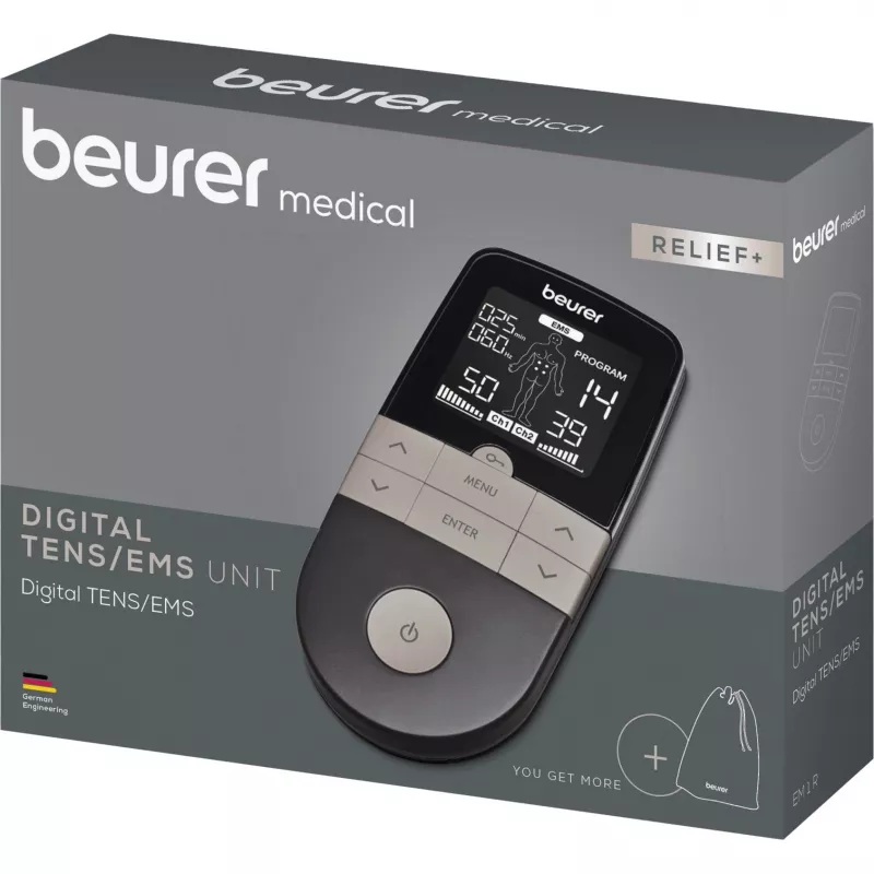 Elektrostimulācijas TENS/EMS ierīce Beurer EM 1 RELIEF+ (model 60428) antracīta krāsā
