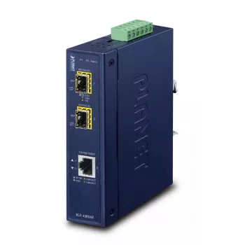 PLANET IGT-1205AT — Industriālais tīkla pārveidotājs Gigabit SFP 2-šķiedra, 1x RJ-45, 10/100/1000 Mbps, 12–48V, DIN-sliede, IP30