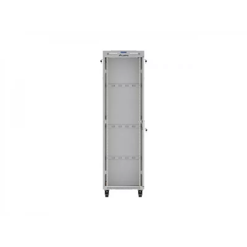 19 collu 42U LANBERG stāvošais skapis 600×600 mm Pelēks ar stikla durvīm un LCD (Flat Pack)