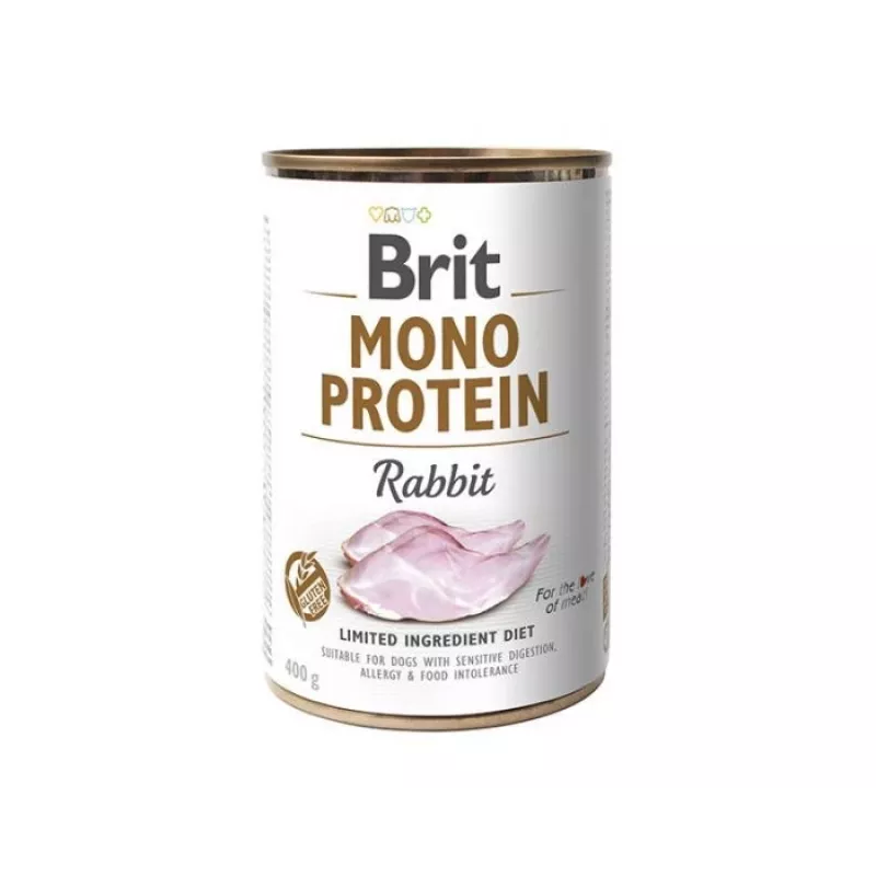 Slapjā suņu barība Brit Mono Protein Trusis 400 g - konservēta pilnvērtīga diēta ar vienu dzīvnieku olbaltumvielu, pieaugušiem suņiem