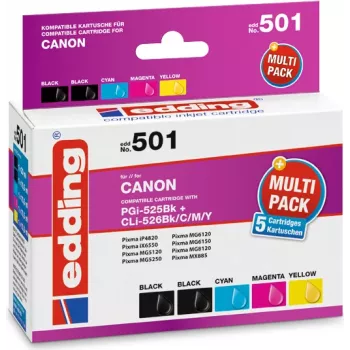 edding printer kasetes EDD-501 2x melna, ciāna, magenta, dzeltena saderīgas ar Canon PGI-525 BK
