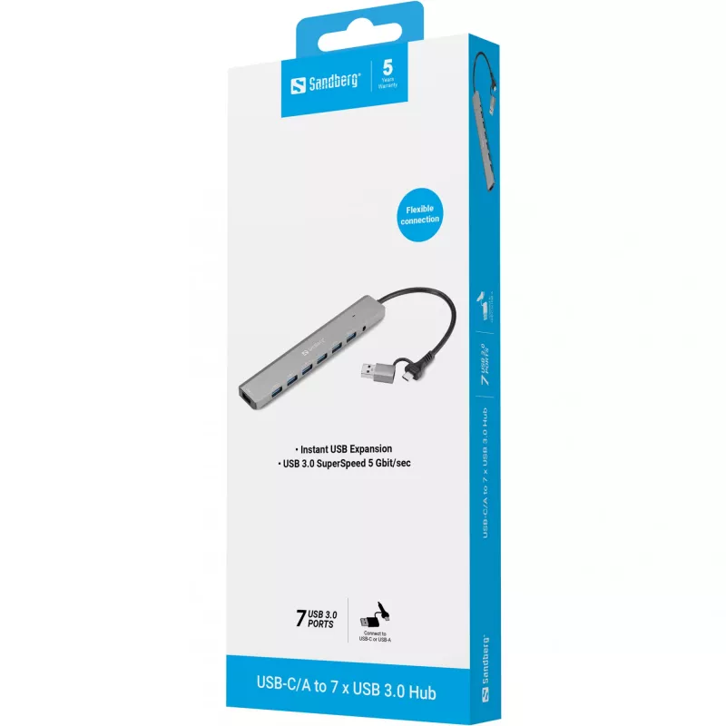 USB centrmezgls SANDBERG 136-66 — 7x USB 3.0 porti, ārējā barošana