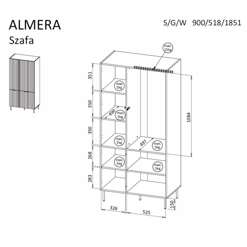 Garderobe Cama Meble ALMERA Cama 5 90x52x185 cm, valrieksta rāmis, krēmkrāsas durvis, 6 plaukti