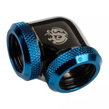 Bitspower Adapter 90° 16mm OD uz 16mm OD cietā caurule, melns spīdīgs/zils