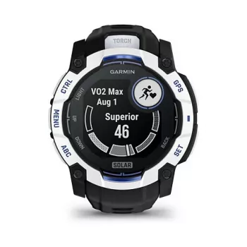 GARMIN Instinct 3 viedpulkstenis, 3,05 cm (1,2 collu) AMOLED, 45 mm, 390x390 pikseļi, skārienekrāns, melns/balts, GPS, 4 GB, 53 g, silikona siksniņa