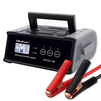 Akumulatoru lādētājs QOLTEC 52514 — 12V/24V, 25A, AGM/GEL/SLA, ar LCD displeju