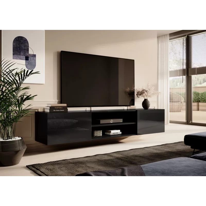 TV skapis Cama Meble SLIDE 200K — 200x40x37 cm, spīdīgi melns, skaidu plātnes virsma