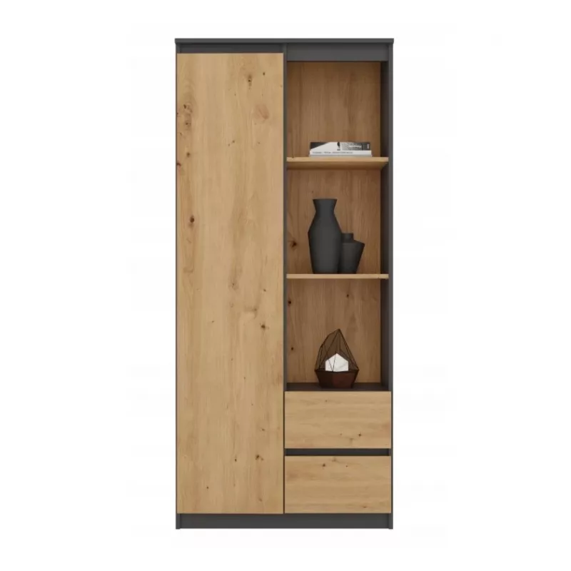 Top e Shop RS-80 BILY biroja grāmatplaukts, antracīta rāmis, ozolkoka durvis, 7 plaukti, 2 atvilktnes, 1800×800×350 mm