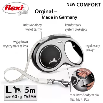 Flexi New COMFORT 8 m Melns, Pelēks Suņa Pievads