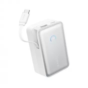 Power bank Anker A1638 10000 mAh, 45 W kopējā jauda, balts, iebūvēts izvelkams USB-C kabelis