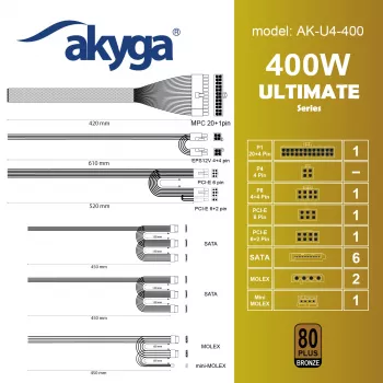 Akyga AK-U4-400 Ultimate 400 W ATX barošanas bloks, 80 PLUS Bronze, aktīvais PFC, 120 mm ventilators