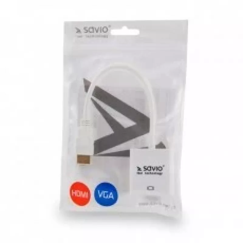 Adapteris SAVIO CL-201 no HDMI (M) uz VGA (F), HDMI A tipa uz D-Sub 15 kontaktu, līdz 1920x1200, balts