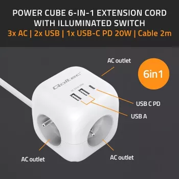 Power Cube QOLTEC 52547 kontaktligzdu bloks 3×AC ligzdas, 2×USB-A, 1×USB-C PD 20W