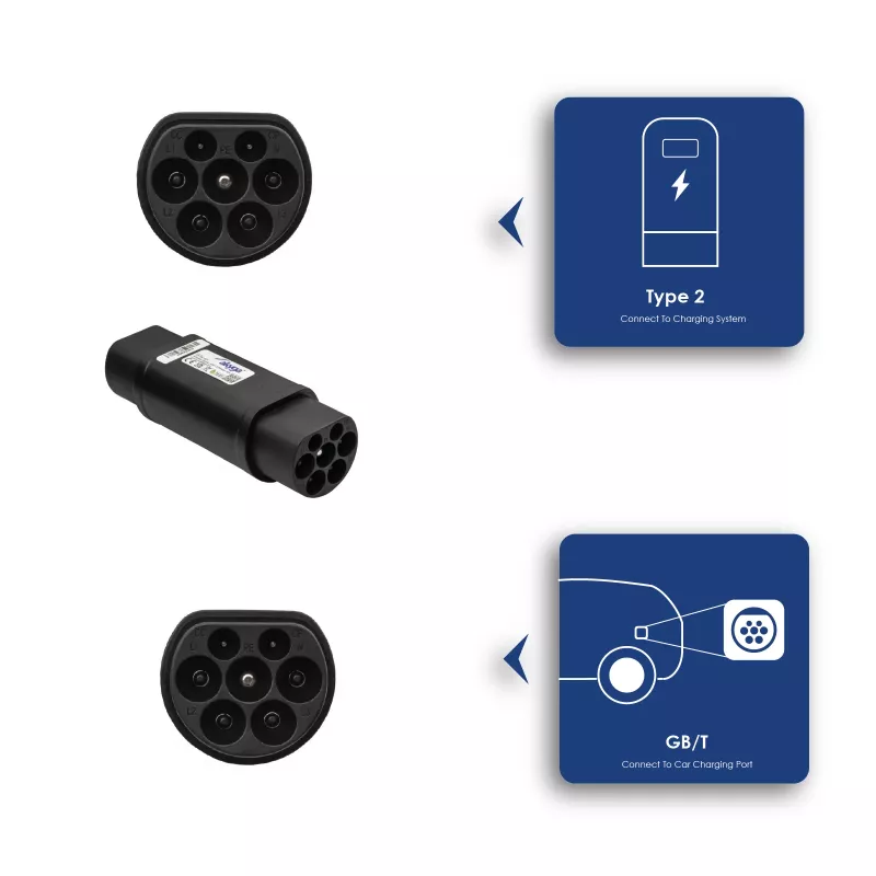 Akyga AK-SC-E21 elektromobiļa uzlādes adapteris Type 2 – GB/T, trīsfāzu, 32 A, 22 kW, IP55, melns