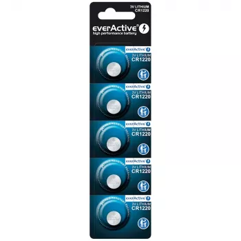 Litija monētas baterija everActive CR1220 — 3V, 40 mAh, 12.5×2 mm, vienreizēja, 5 gab.