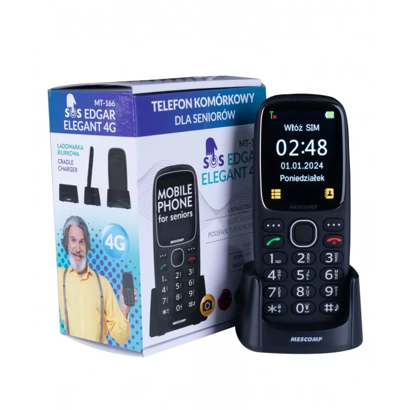 Mobilais telefons Mescomp MT-166 Edgar Elegant, senioriem, 4G, Melns
