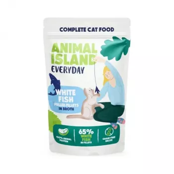 Slapjā barība kaķiem animal island Everyday Tītars un Baltās zivs filejas buljonā 4×85 g paciņas