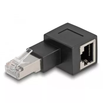 Delock RJ45 vīriešu uz sieviešu adapteris CAT 6a, 90° pa labi saliekts