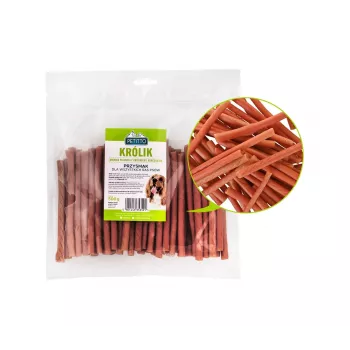 Suņu kārumi PETITTO Soft rabbit fingers — mīkstās truša garšas nūjiņas suņiem, 500 g, treniņu kārums, pieaugušiem, bez sojas, bez lipekļa
