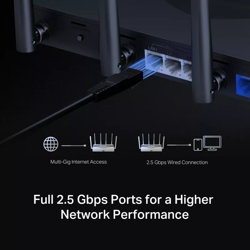 Bezvadu maršrutētājs MERCUSYS MR47BE — Tri‑joslu Wi‑Fi 7 (2.4/5/6 GHz), 9300 Mbps, 3× RJ‑45, 2.5GbE, 6 ārējās antenas