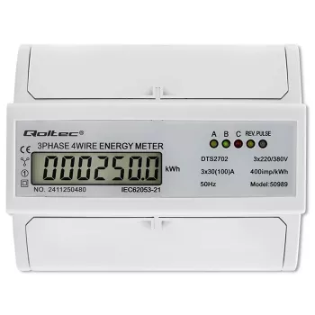 Qoltec Trīsfāžu Divvirzienu Elektroniskais Skaitītājs | DIN sliedes enerģijas patēriņa mērītājs | 400V | 100A | LCD | 4P