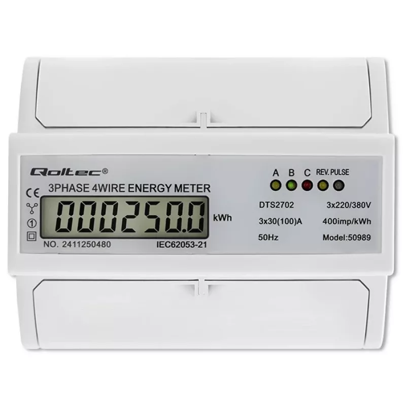 Qoltec Trīsfāžu Divvirzienu Elektroniskais Skaitītājs | DIN sliedes enerģijas patēriņa mērītājs | 400V | 100A | LCD | 4P