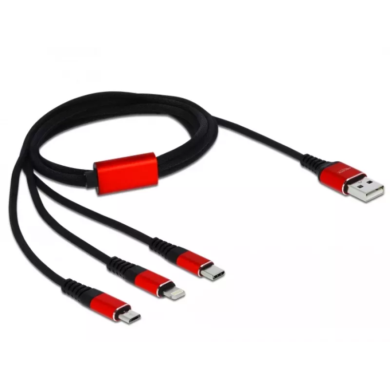 DeLOCK kabelis tikai uzlādei - Lightning / USB - USB (vīr.) uz Micro-USB Type B, Lightning, USB-C (vīr.) - 1,0 m - Ekranēts - Melns (85892)