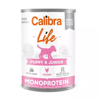 Slapjā suņu barība Calibra Puppy & Junior Chicken with Rice 400 g — pilnvērtīga augšanas barība kucēniem