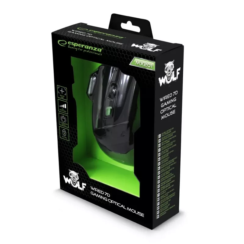 Esperanza EGM201G MX201 Wolf spēļu pele ar vadu, 7D, optiskā, 2400 DPI, USB, zaļa