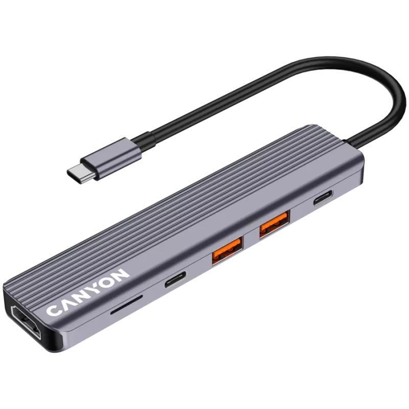 USB Type-C centrmezgls CANYON DS-17 — HDMI, USB 3.2 Gen 1 A, USB-C, MicroSD, 10000 Mbit/s, pelēks