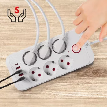 Strāvas sadalītājs MACLEAN MCE389 W — 6 ligzdas, 4×USB-A, 1×USB-C, 2500W, 110–240V, 1,5 m vads, balts