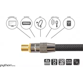 SAT antennas kabelis, IEC/Koax spraudnis un ligzda pozīlēti, ekranējums 120 dB, 75 Ohm, neilona pinums melns, 1m, PYTHON® sērija (GC-M2011)