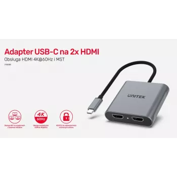 UNITEK V1404B USB-C adapteris ar 2x HDMI, 4K@60Hz, MST
